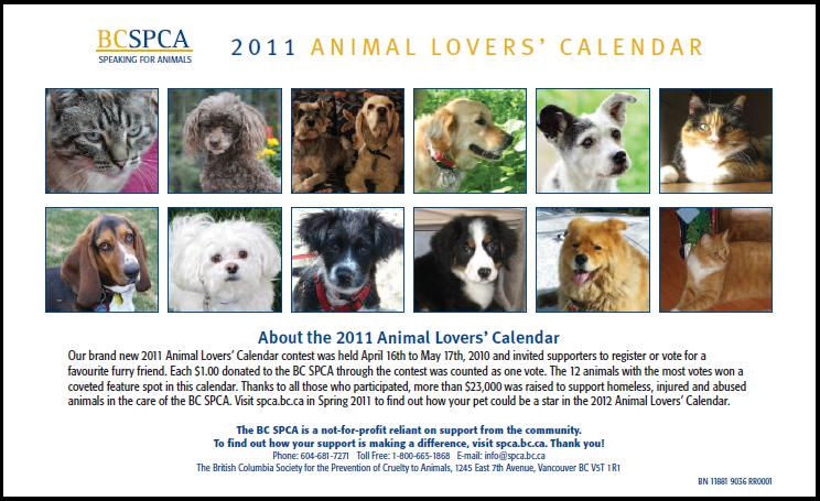 2011 Animal Lovers' Calendar - Back Cover